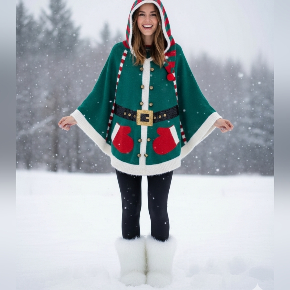 Size S/M Women's UNITED STATES SWEATERS Hooded Christmas Poncho